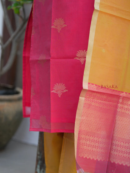 Watermelon Pink n Marigold Kora Silk Suit Set (3 Pcs) with lining