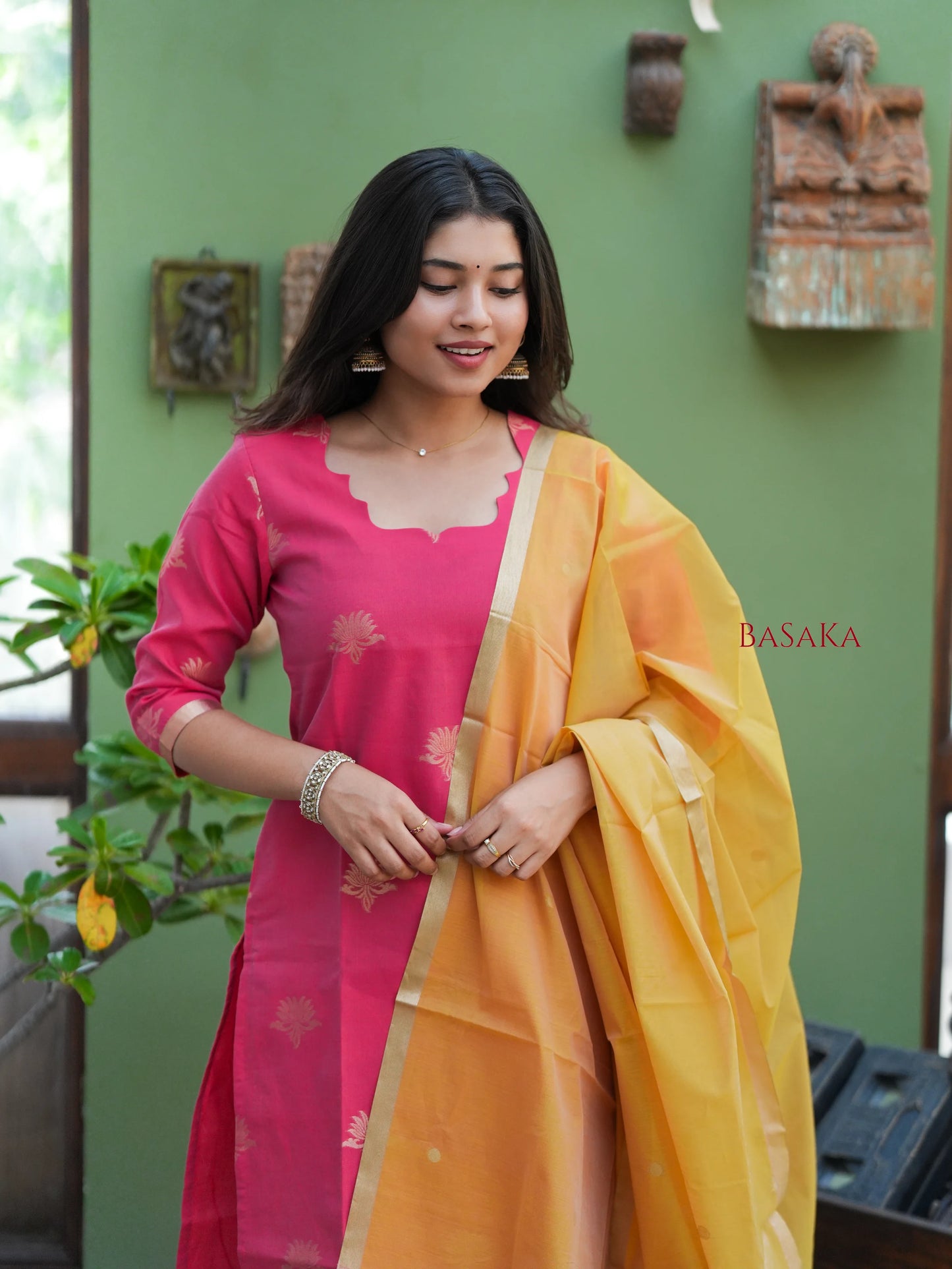 Watermelon Pink n Marigold Kora Silk Suit Set (3 Pcs) with lining
