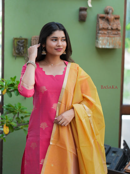 Watermelon Pink n Marigold Kora Silk Suit Set (3 Pcs) with lining