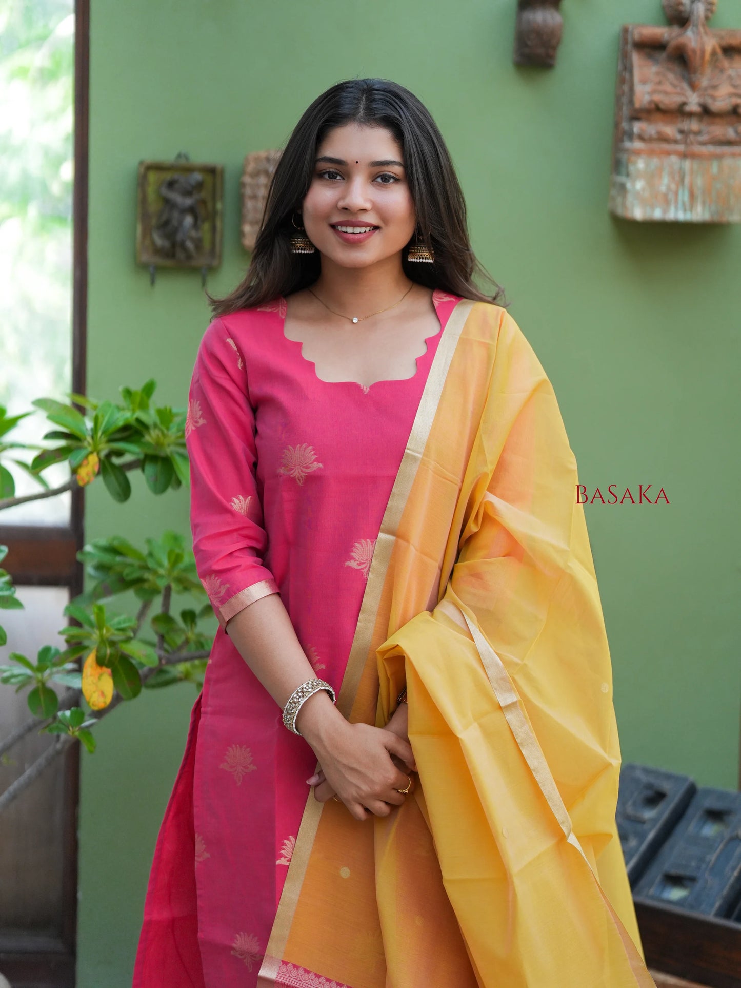 Watermelon Pink n Marigold Kora Silk Suit Set (3 Pcs) with lining