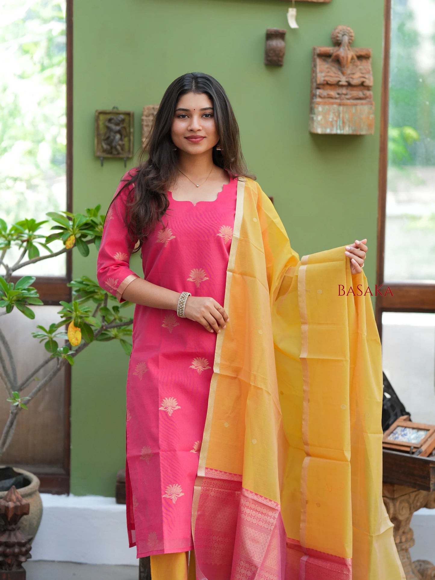 Watermelon Pink n Marigold Kora Silk Suit Set (3 Pcs) with lining