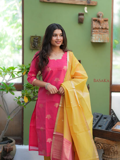 Watermelon Pink n Marigold Kora Silk Suit Set (3 Pcs) with lining
