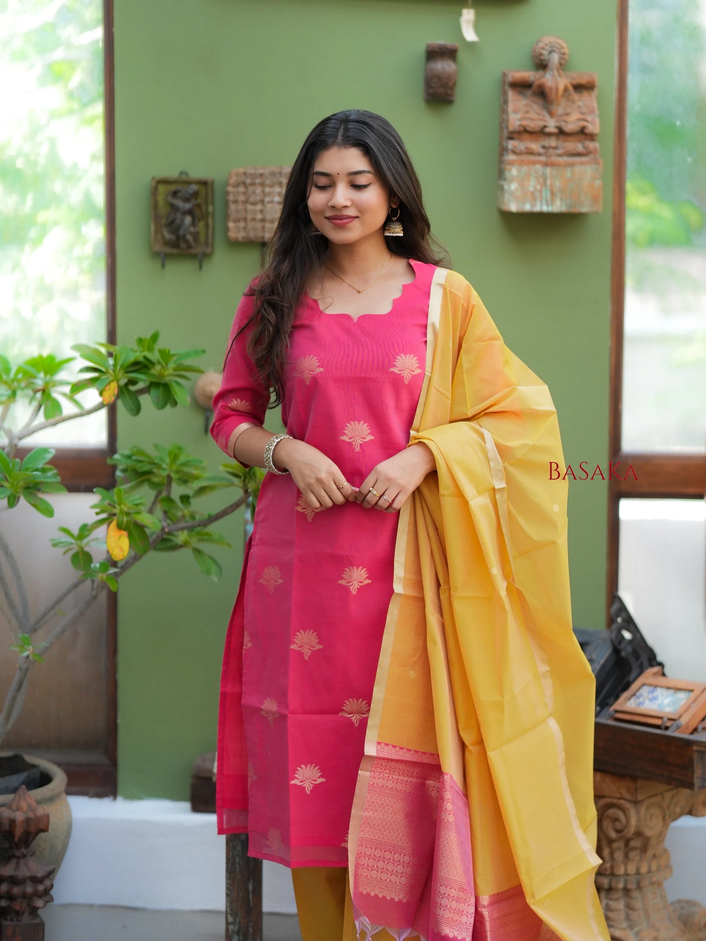Watermelon Pink n Marigold Kora Silk Suit Set (3 Pcs) with lining