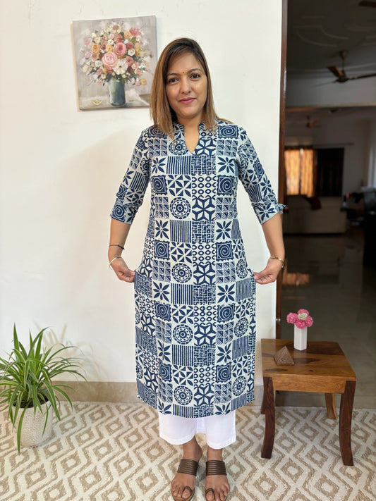 White and Blue Multi Print Collar Kurta