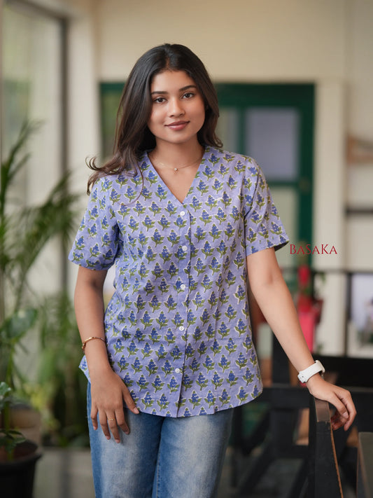 Wild Blue Floral Block Printed COTTON Top