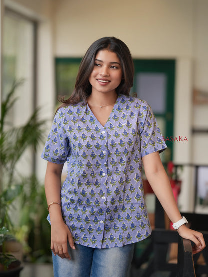Wild Blue Floral Block Printed COTTON Top