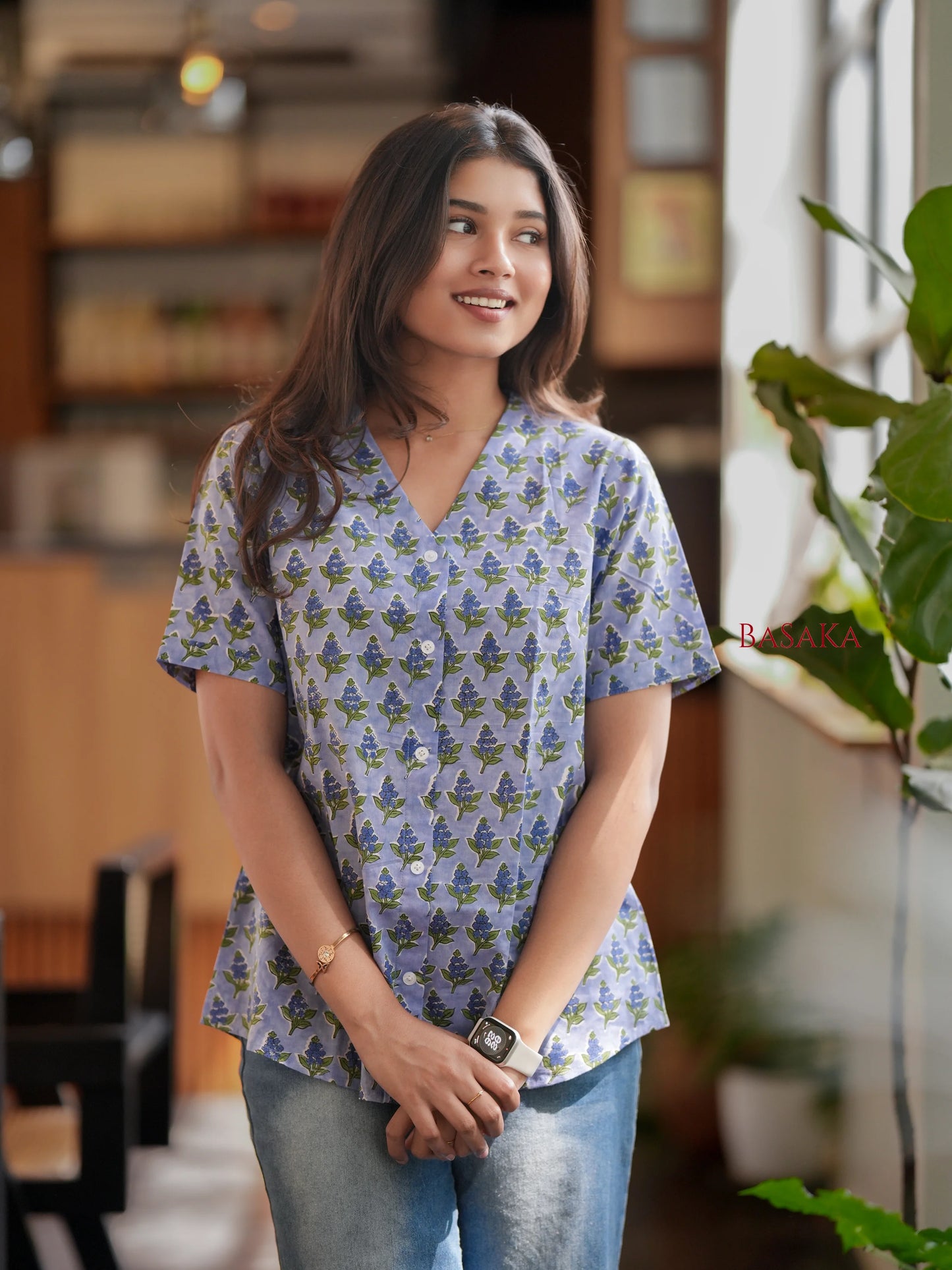 Wild Blue Floral Block Printed COTTON Top