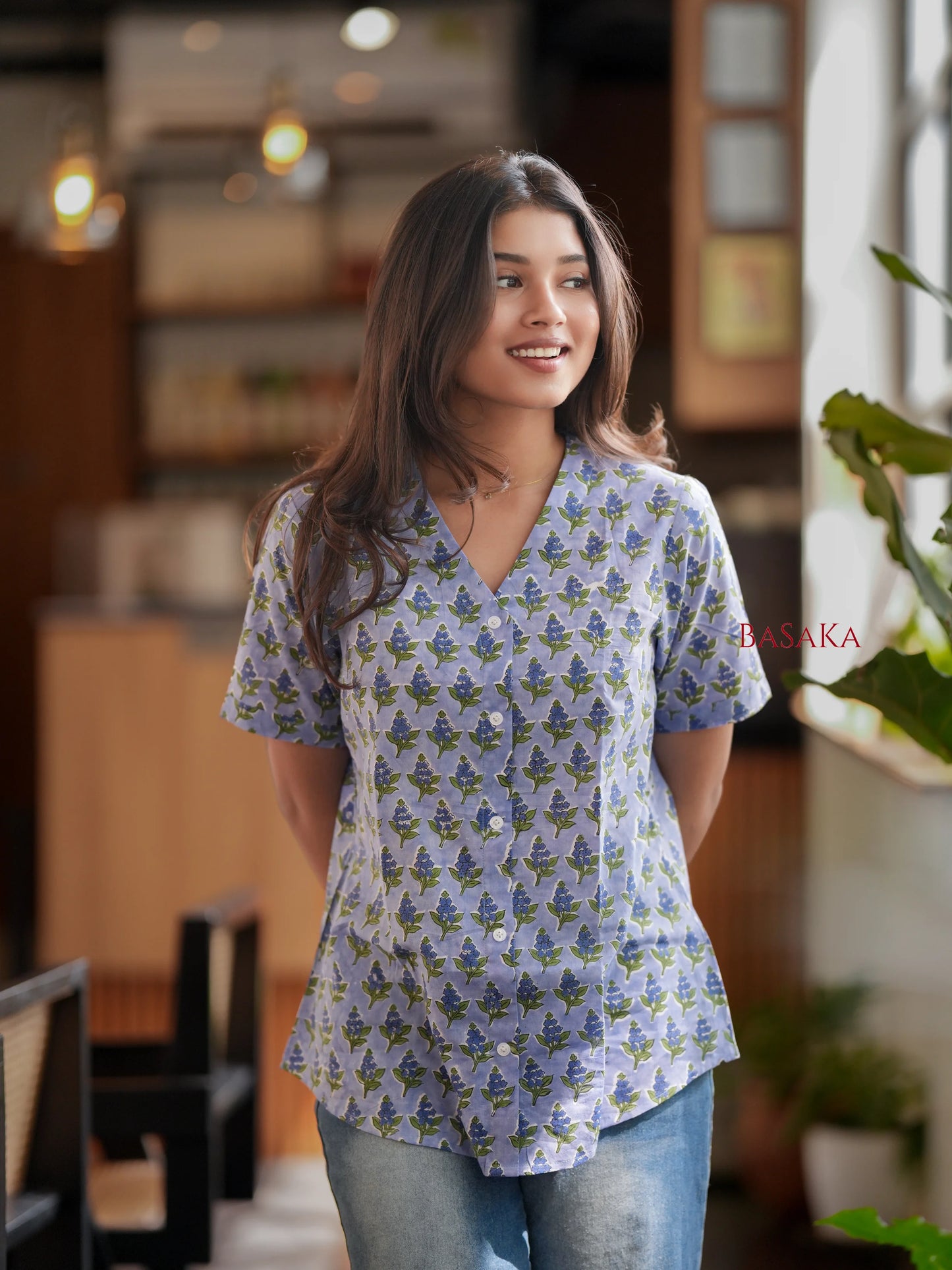 Wild Blue Floral Block Printed COTTON Top