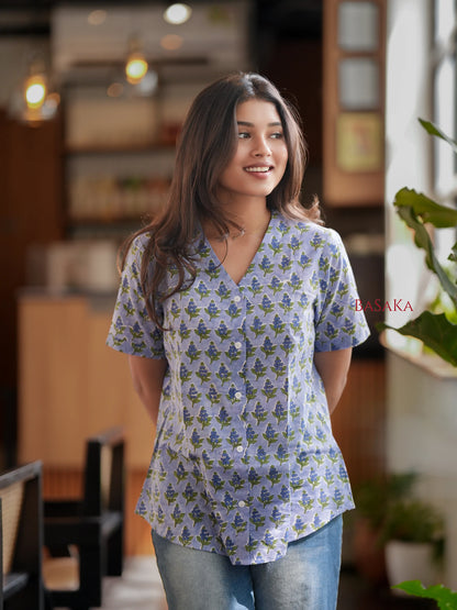 Wild Blue Floral Block Printed COTTON Top