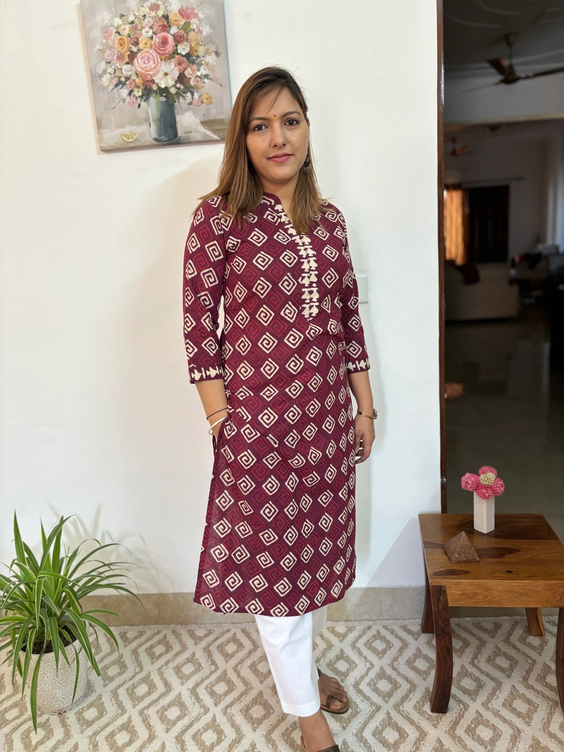 Wine Endless Print Collar Kurta