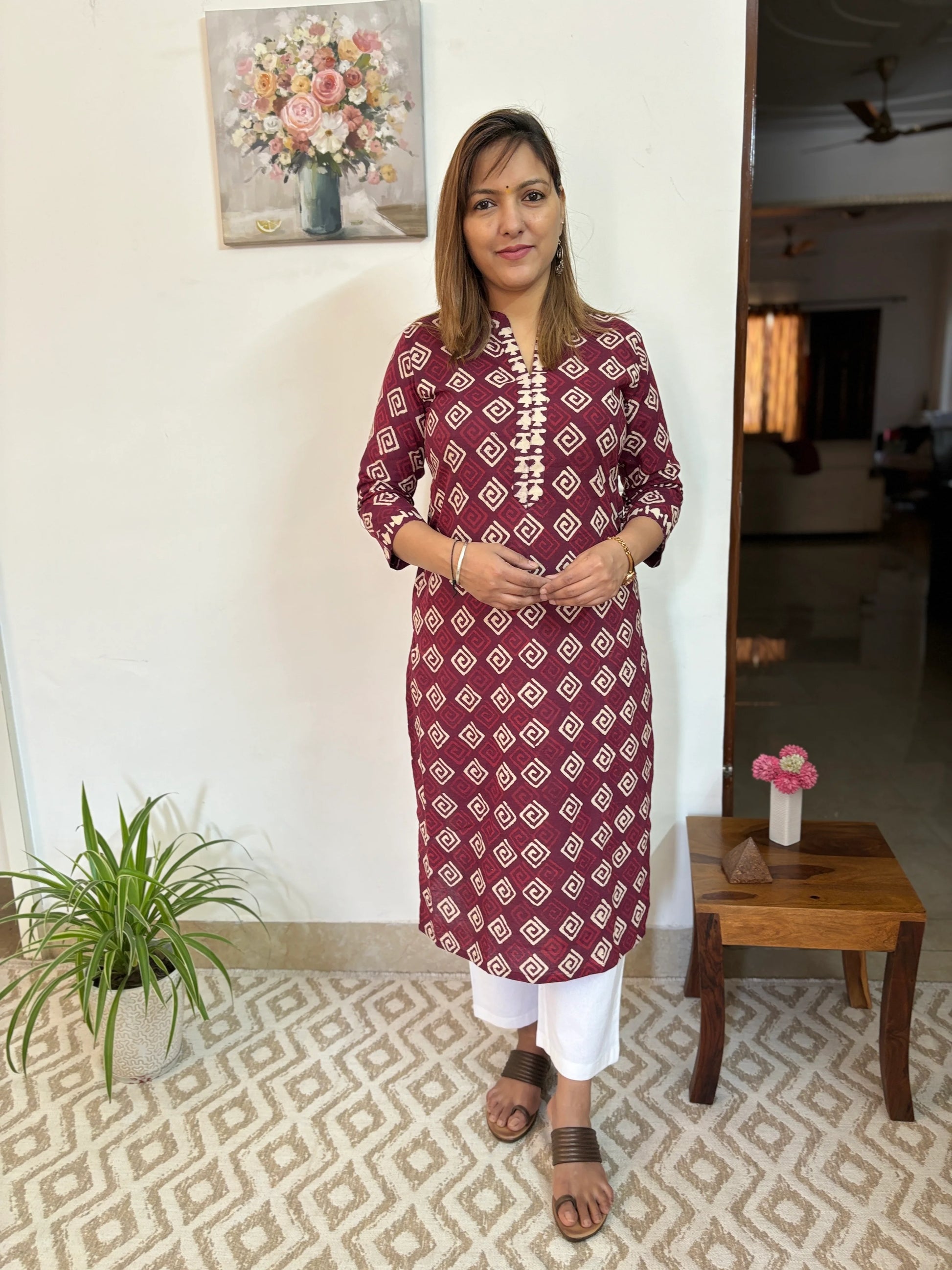 Wine Endless Print Collar Kurta