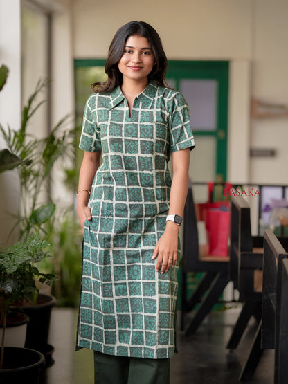 Wintergreen Checked Block Printed COTTON Kurta