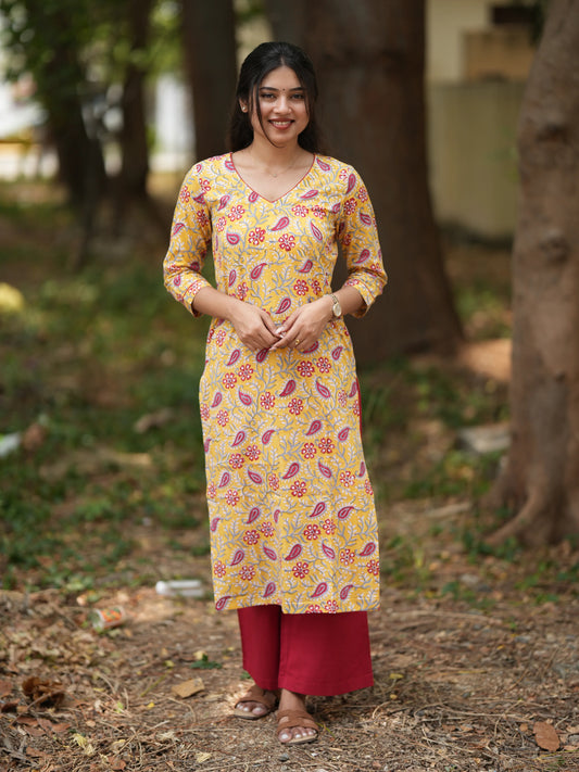 Yellow Ambi Floral Block Printed COTTON Kurta