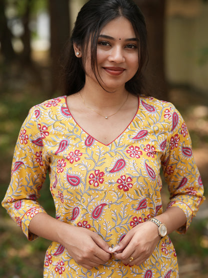 Yellow Ambi Floral Block Printed COTTON Kurta