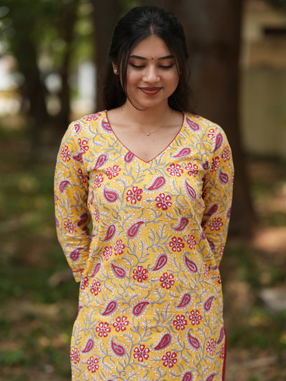 Yellow Ambi Floral Block Printed COTTON Kurta