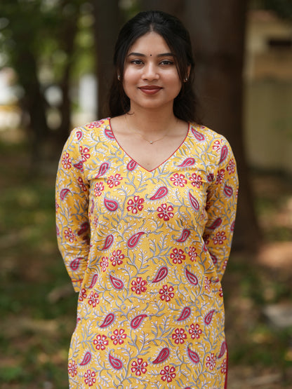Yellow Ambi Floral Block Printed COTTON Kurta