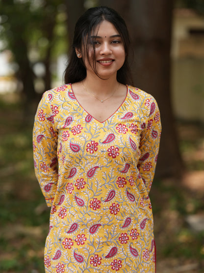 Yellow Ambi Floral Block Printed COTTON Kurta