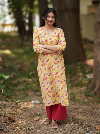 Yellow Ambi Floral Block Printed COTTON Kurta