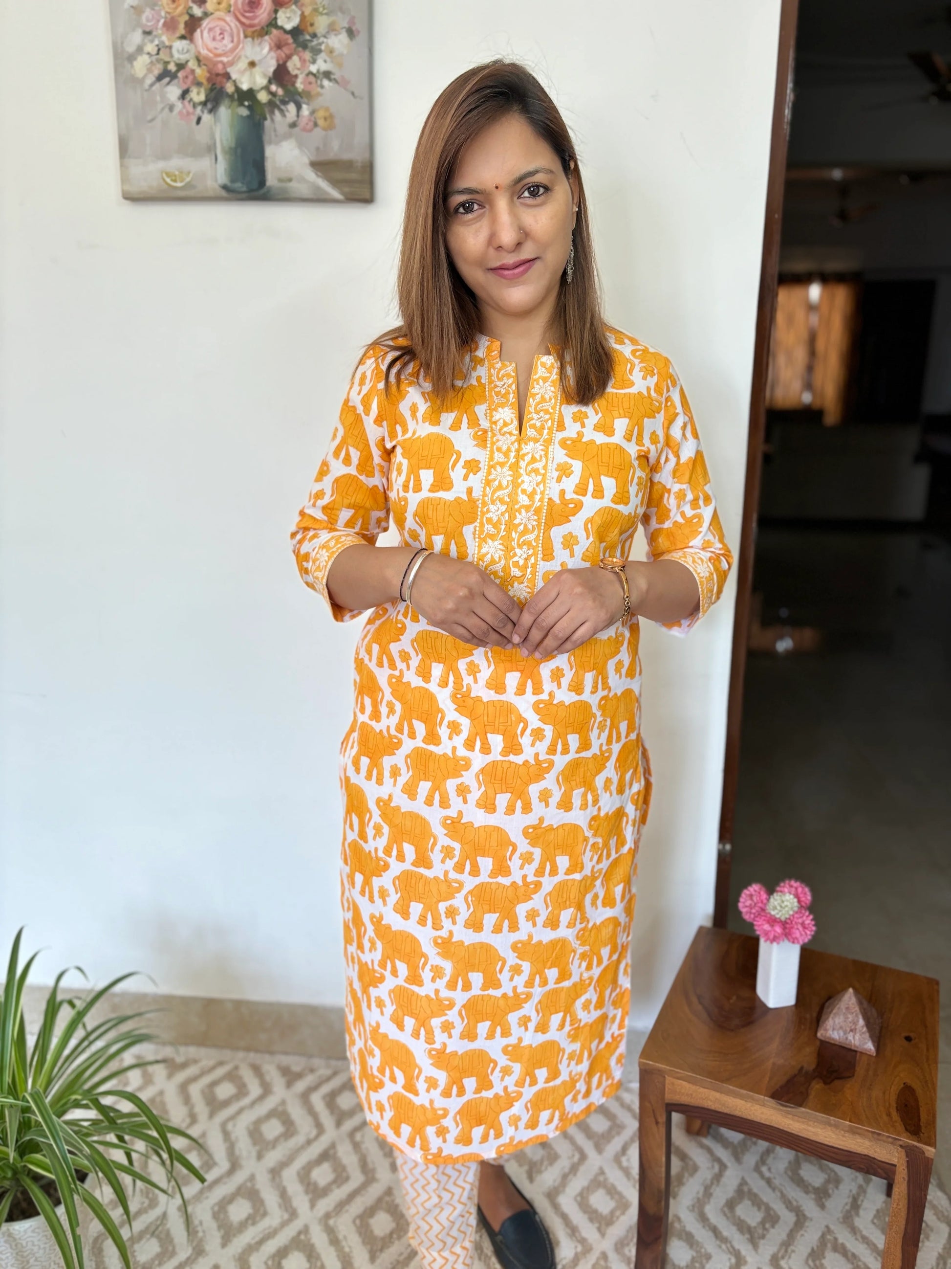 Yellow Elephant Hand Block Printed Collar Kurta and Pant set