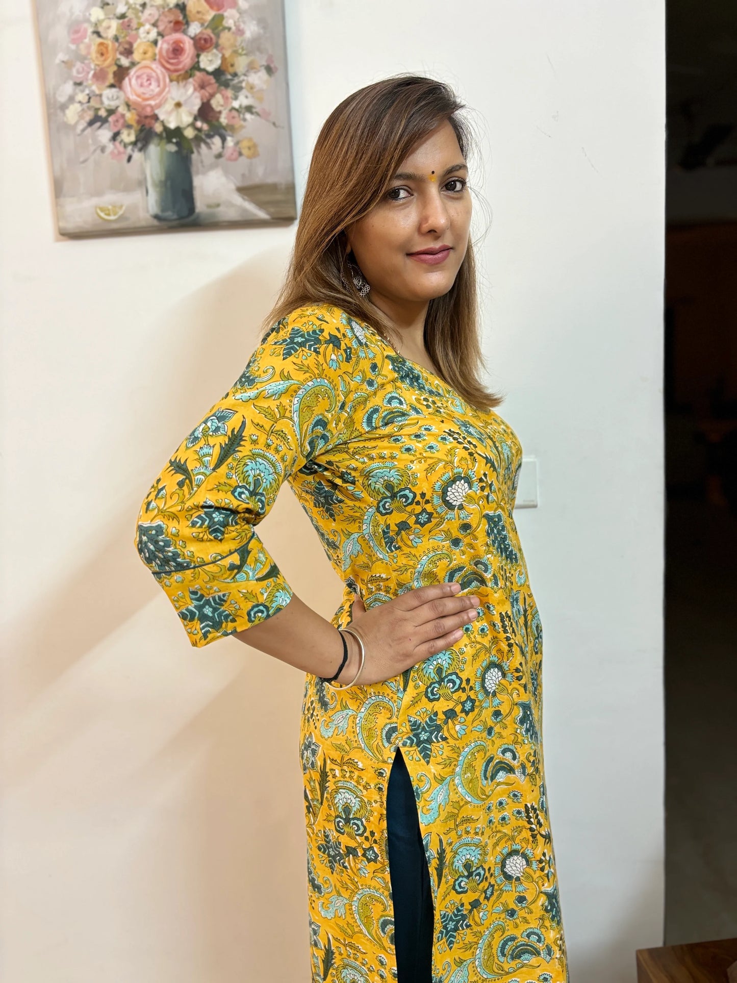 Yellow and Green Floral Cotton Kurta