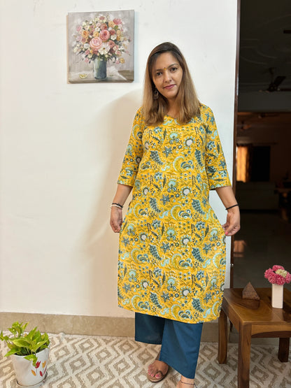 Yellow and Green Floral Cotton Kurta