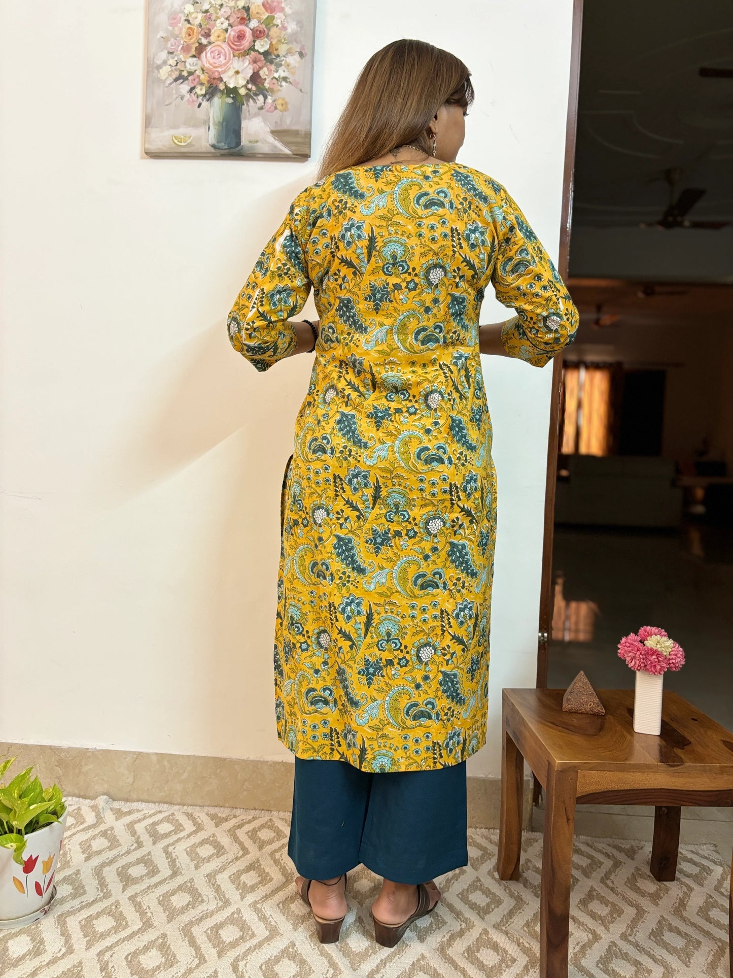 Yellow and Green Floral Cotton Kurta