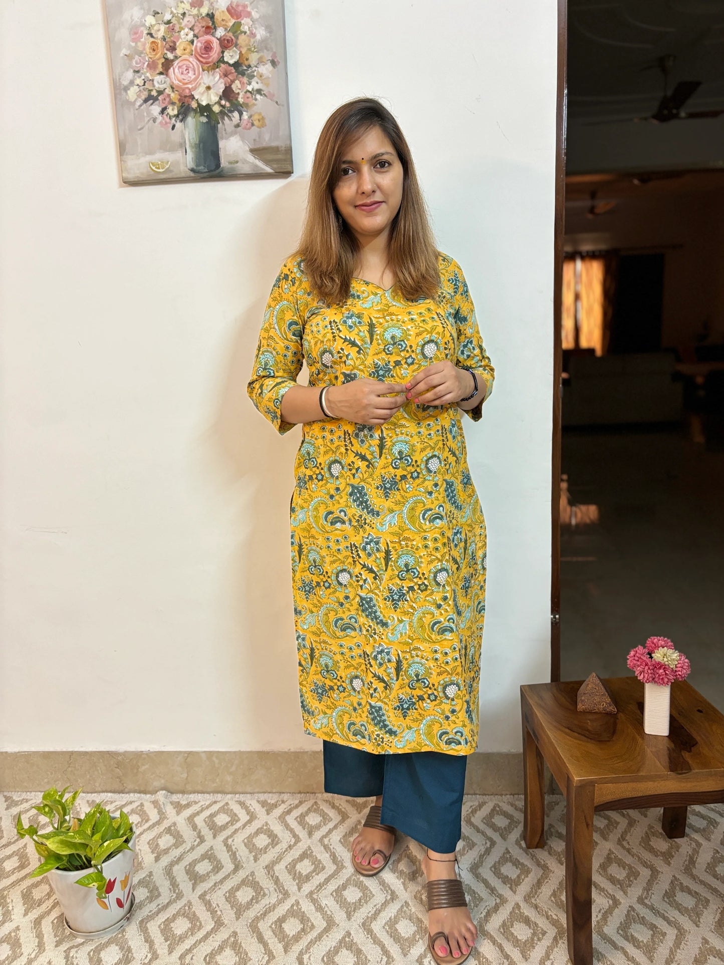 Yellow and Green Floral Cotton Kurta