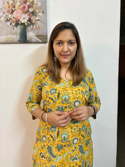 Yellow and Green Floral Cotton Kurta