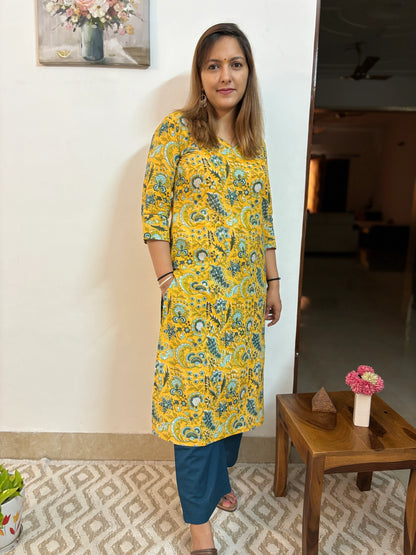 Yellow and Green Floral Cotton Kurta