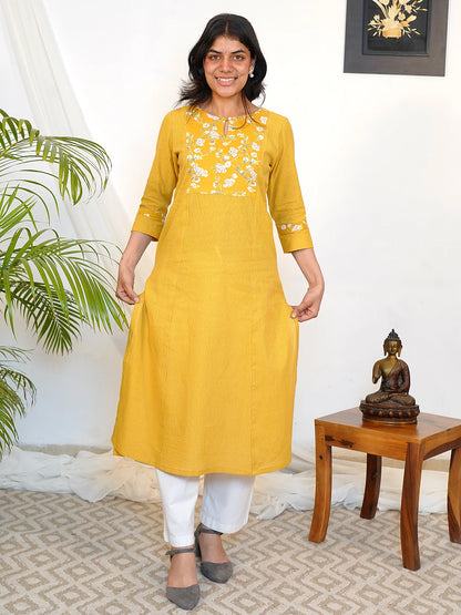 Yellow Ajrakh Kanta A-line Yoke COTTON Kurta