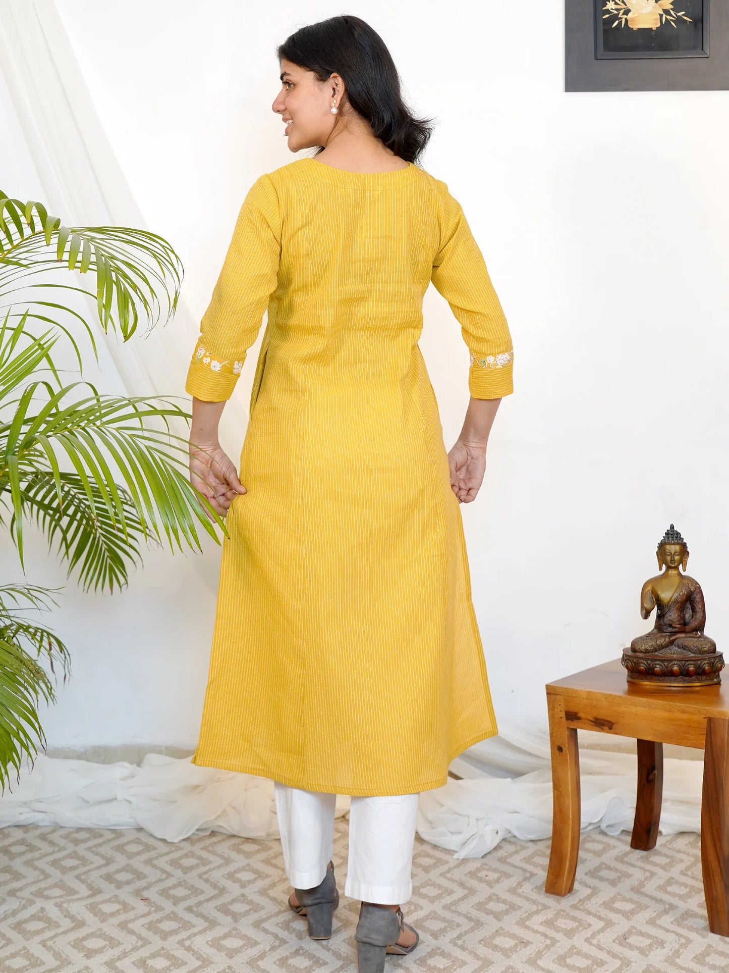 Yellow Ajrakh Kanta A-line Yoke COTTON Kurta