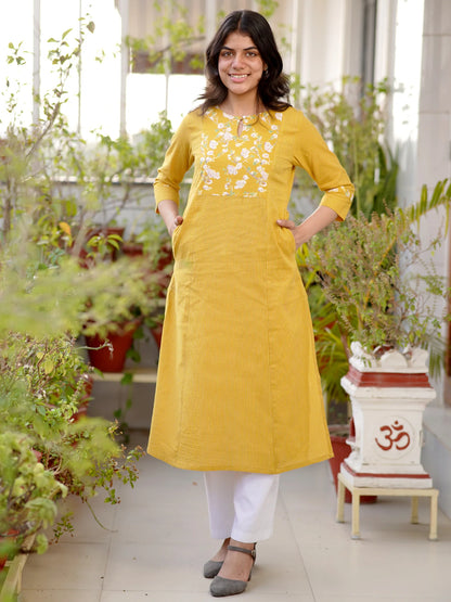 Yellow Ajrakh Kanta A-line Yoke COTTON Kurta