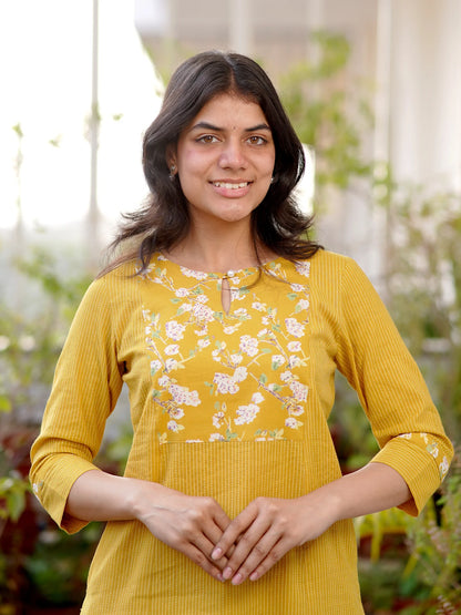 Yellow Ajrakh Kanta A-line Yoke COTTON Kurta