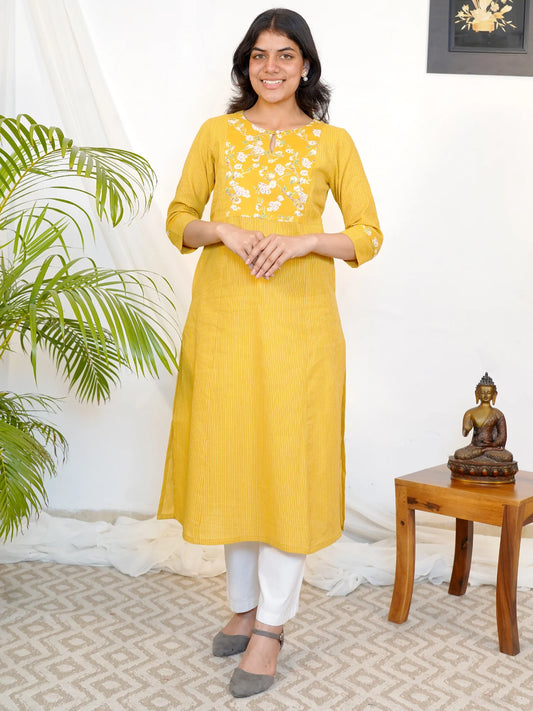 Yellow Ajrakh Kanta A-line Yoke COTTON Kurta