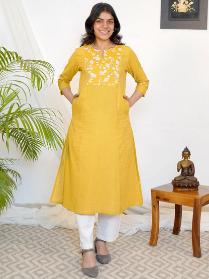 Yellow Ajrakh Kanta A-line Yoke COTTON Kurta