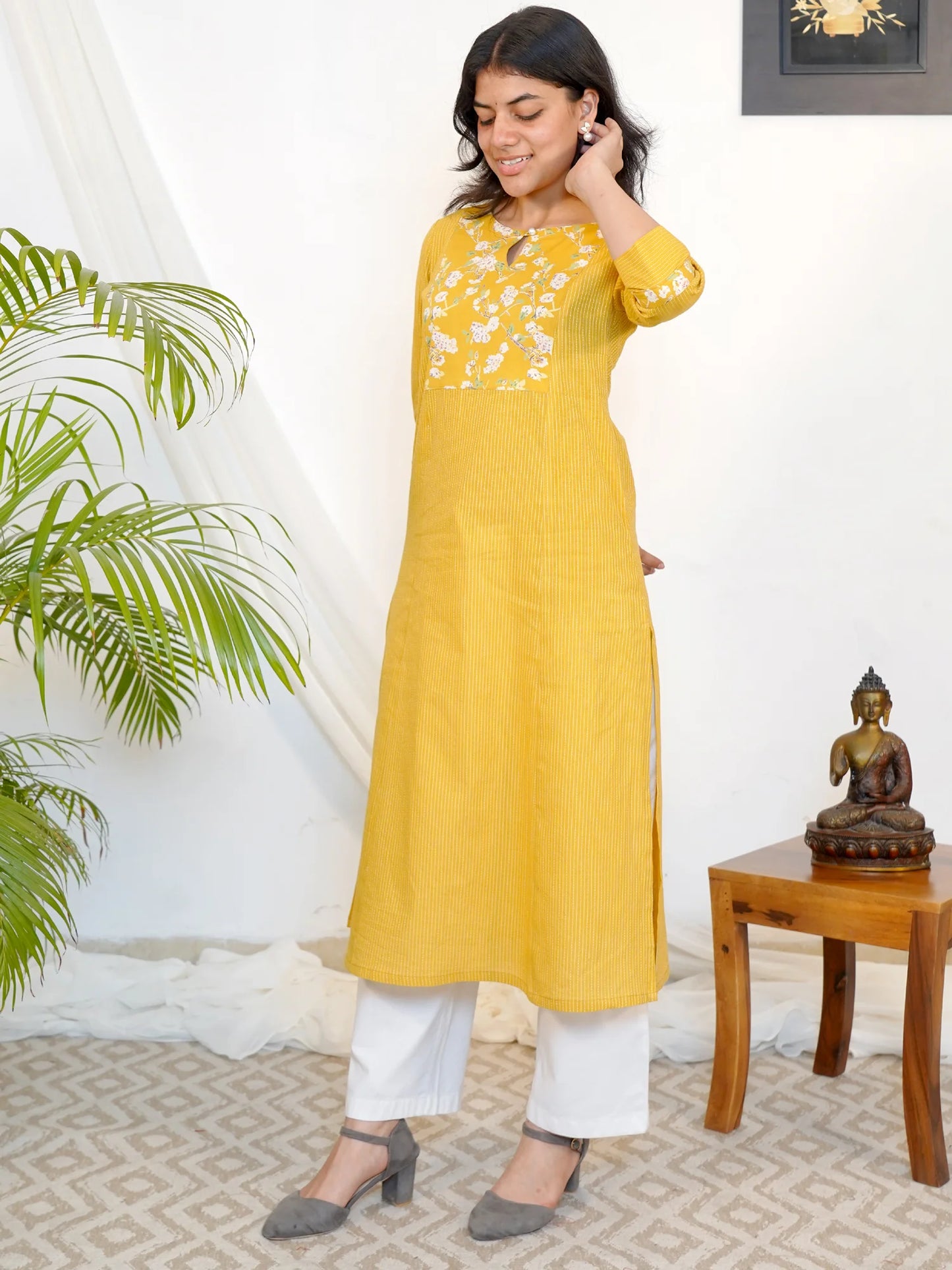 Yellow Ajrakh Kanta A-line Yoke COTTON Kurta