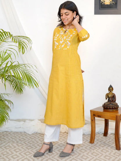 Yellow Ajrakh Kanta A-line Yoke COTTON Kurta