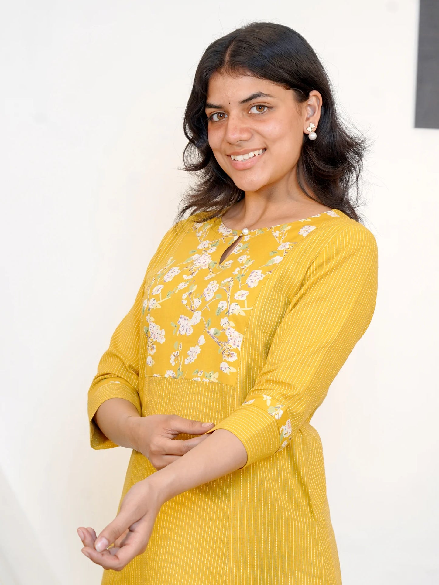 Yellow Ajrakh Kanta A-line Yoke COTTON Kurta