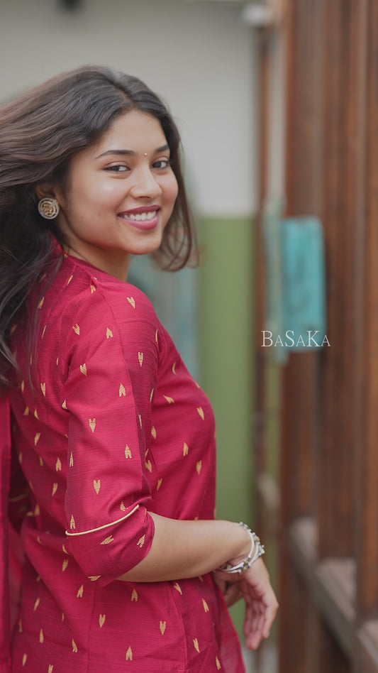 Reddish Maroon Soft Raw Silk Suit Set (3 Pcs.) with Lining