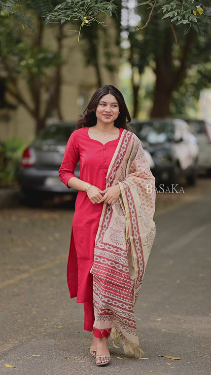 Red Madder Lake South Cotton Suit Set with Block Printed Dupatta (3 Pcs.)
