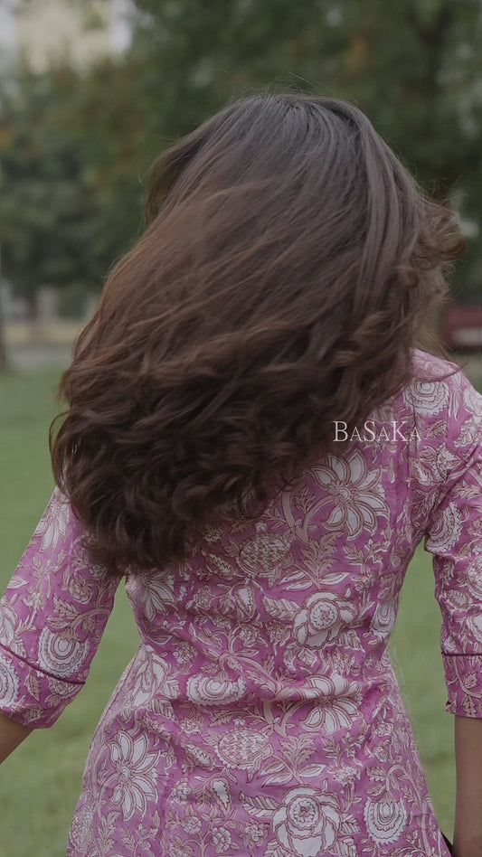 Soft Pink Floral Block Printed cotton Kurta