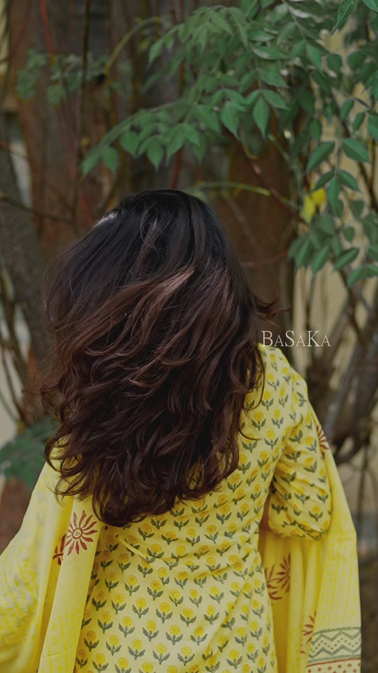 Banana Yellow Floral Block Printed Suit Set (3 pcs.)