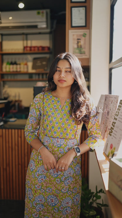 Honeydew Green Floral Block Printed COTTON Kurta
