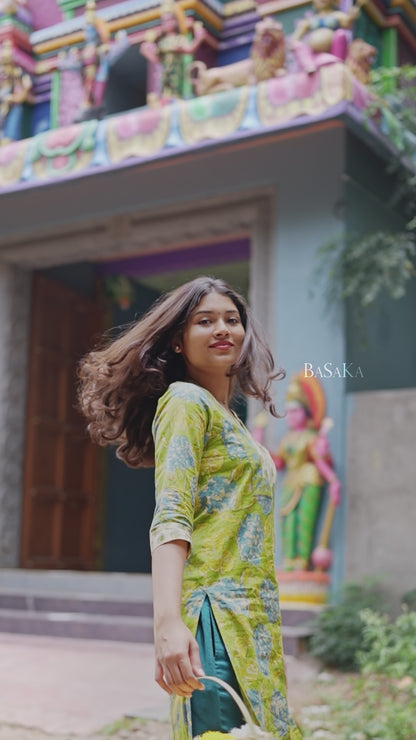 Parrot Garden Bloom Block Printed Kurta