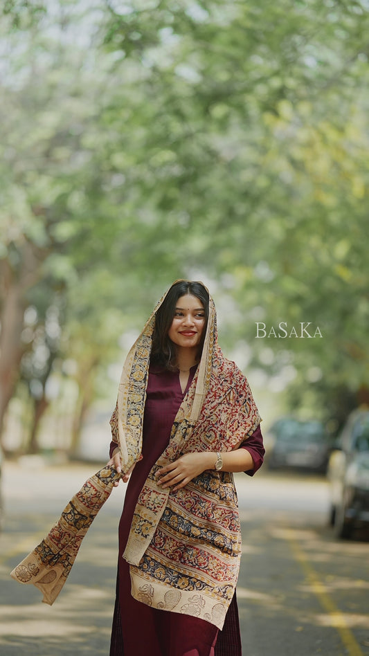 Coffee Brown Kalamkari South Cotton Suit Set (3Pcs.)