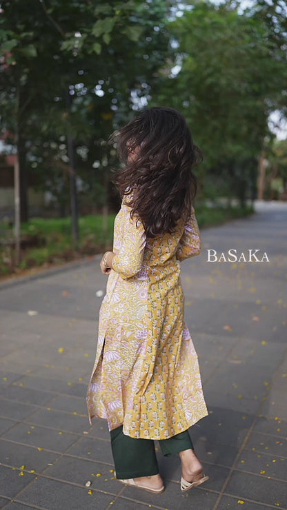 Sunrise Yellow Block Printed A-line COTTON Kurta