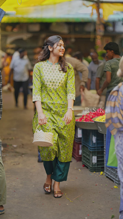 Parrot Green Blossom A-line COTTON Kurta