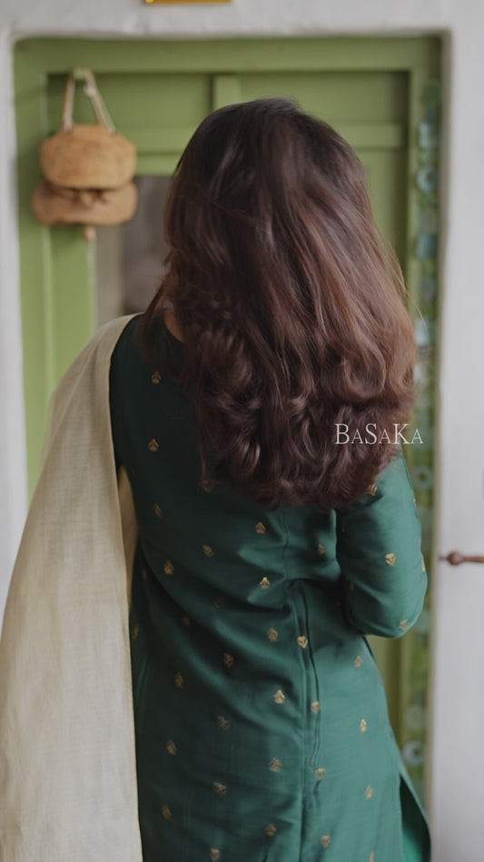 Soft Raw Silk Bottle Green Aline Kurta Set (3 Pcs.) with Lining