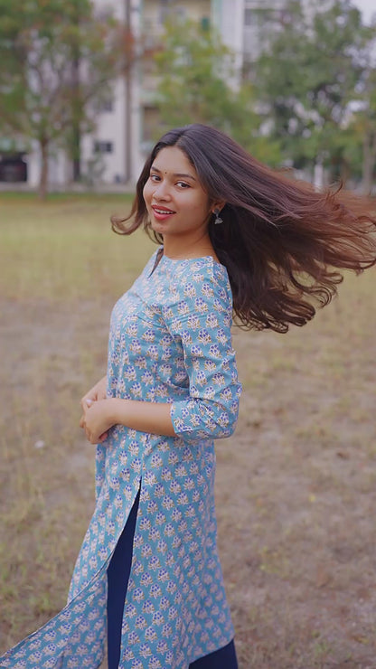 Blue Grapes Motif Block Printed A-Line COTTON Kurta