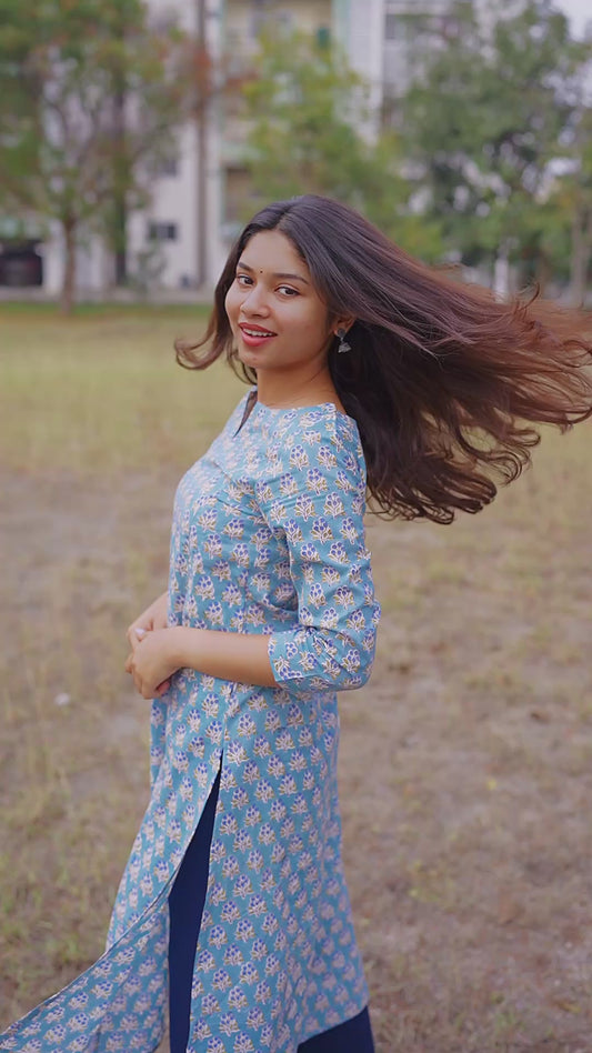 Blue Grapes Motif Block Printed A-Line COTTON Kurta